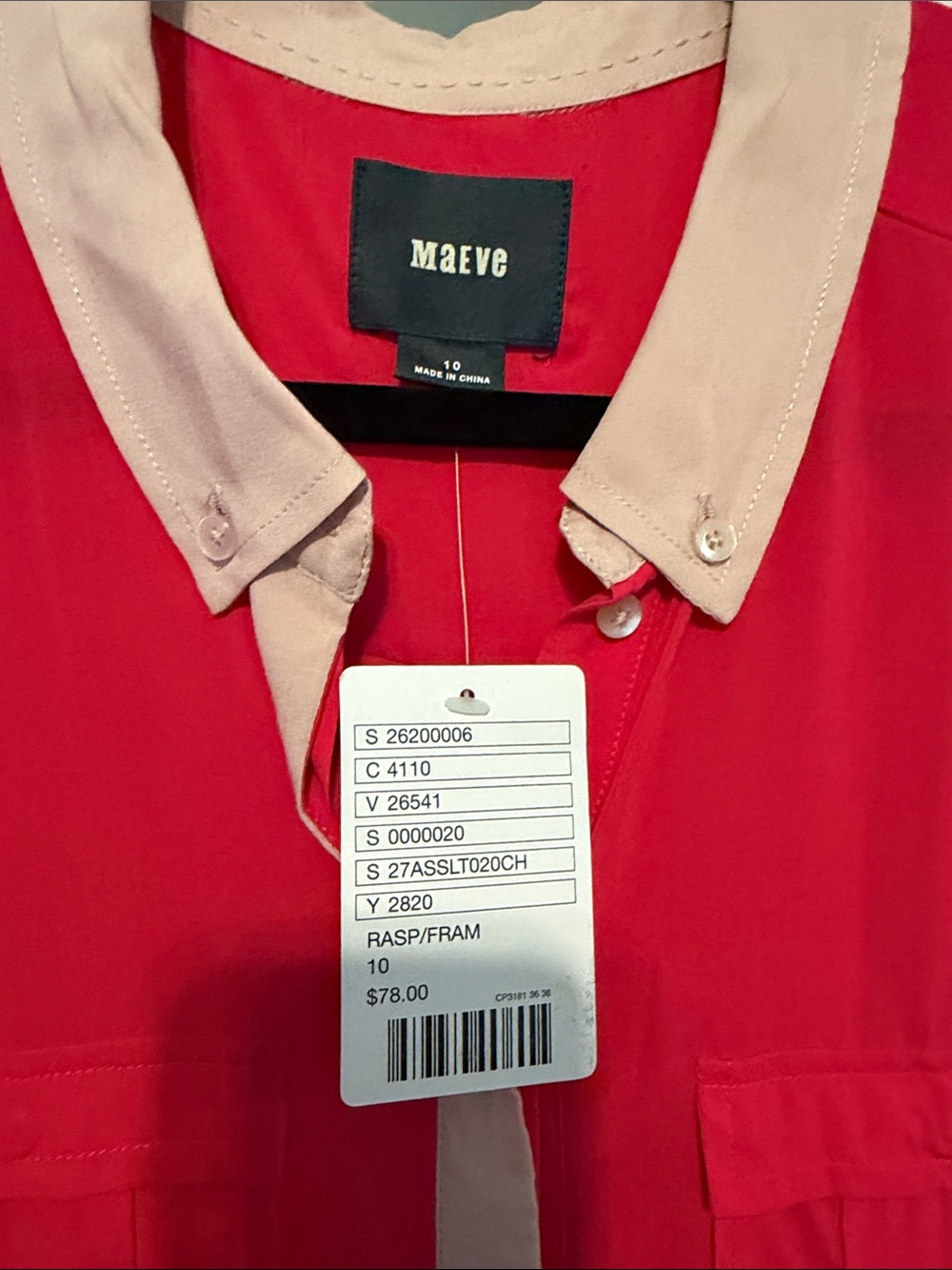 NWT Maeve Anthropologie Bright Raspberry Red Pink Shirt Jacket with Cream Trim - Picture 3 of 9